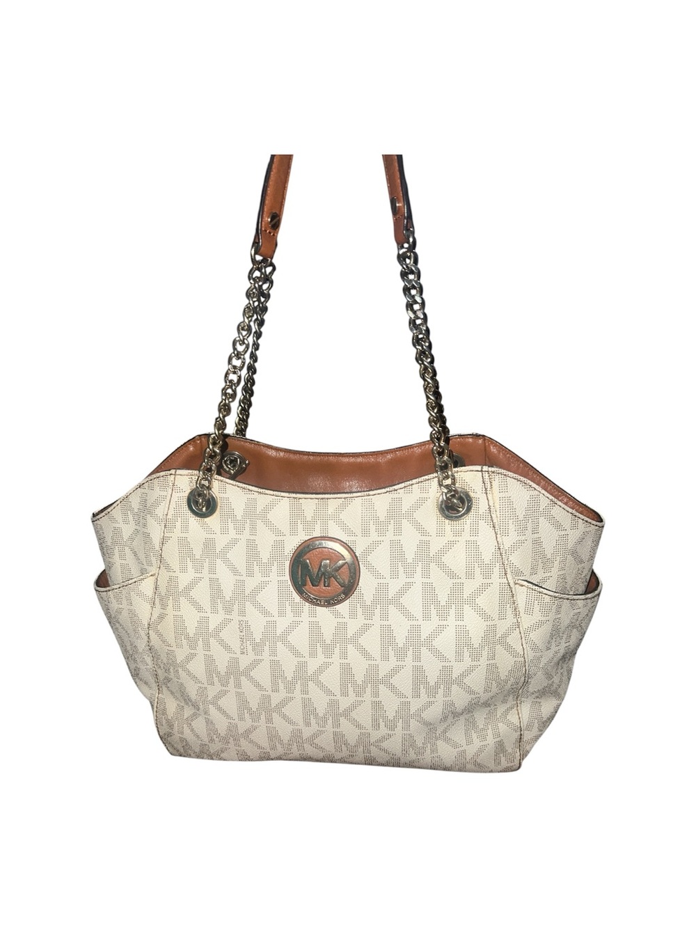 Michael Kors Jet Set Large Chain Shoulder Tote Vanilla Monogram Cream Gold Bag